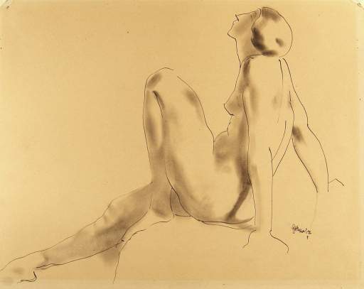 Seated Female Nude, Profile, Arms Braced Back, Right Leg Extended Forward