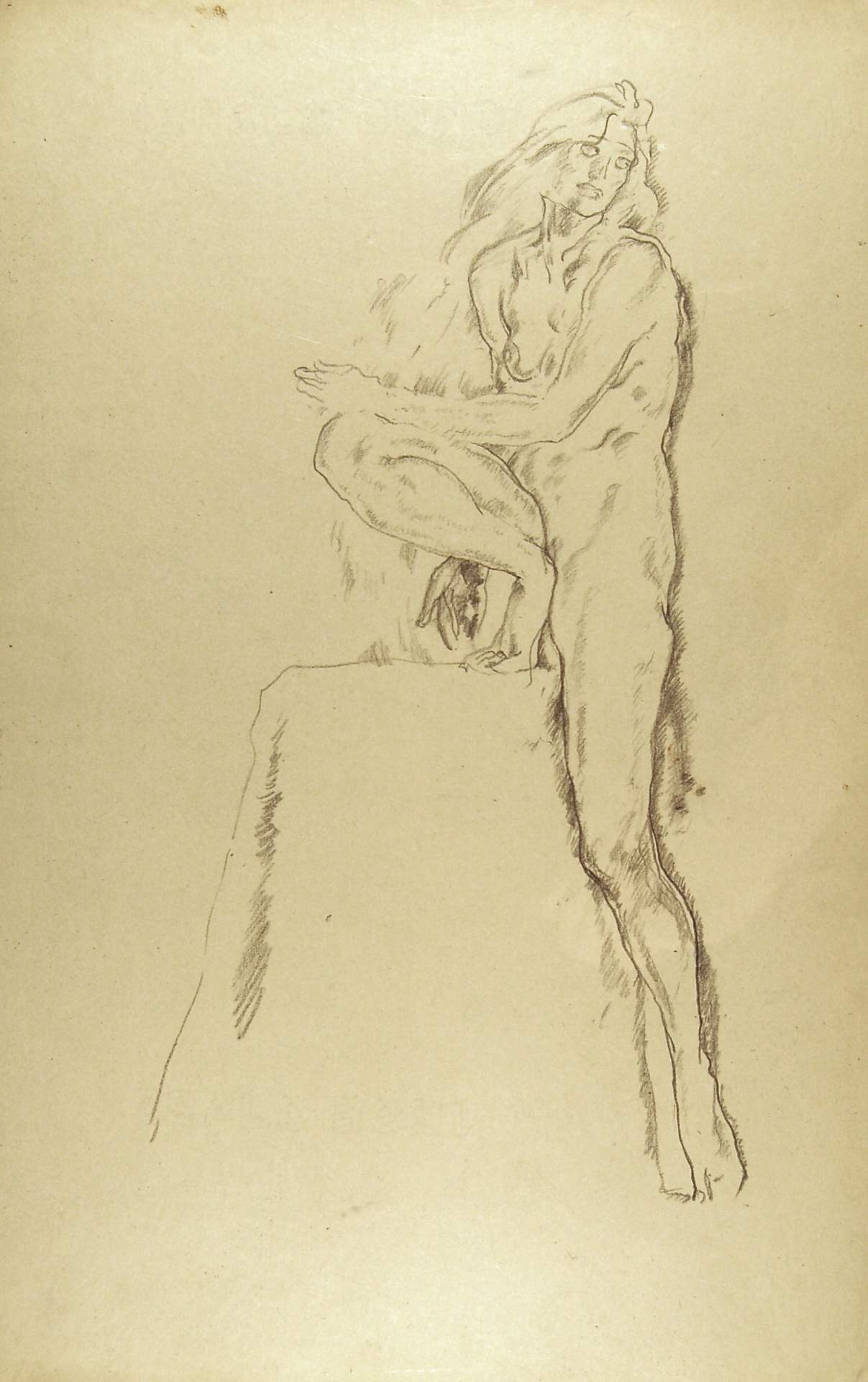 Female Nude Standing Next to Pedestal, Right Leg Bent Up with Foot on Pedestal, Left Arm on Right Leg