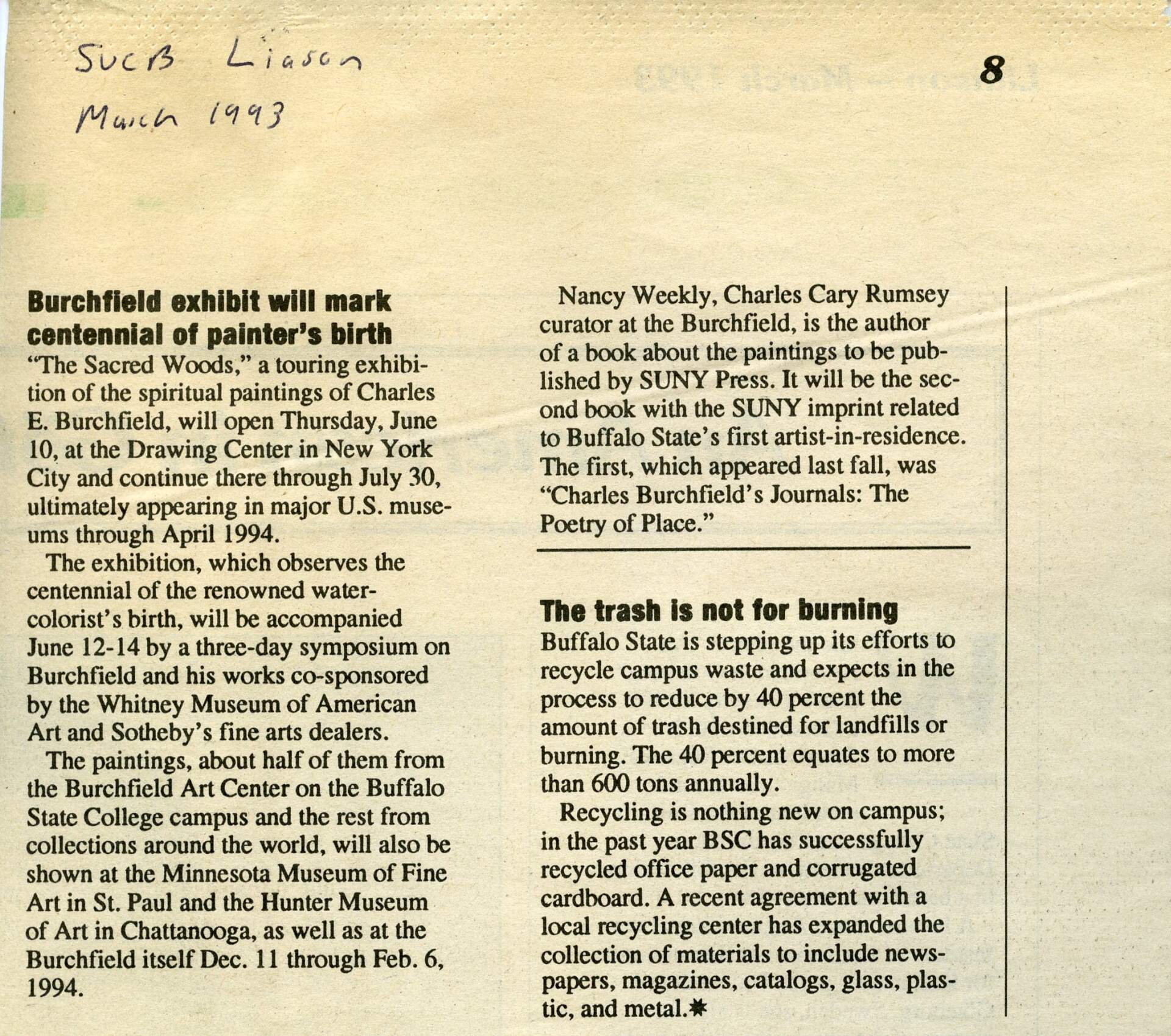"Burchfield exhibit will mark centennial of painters birth" [SUCB Liason]