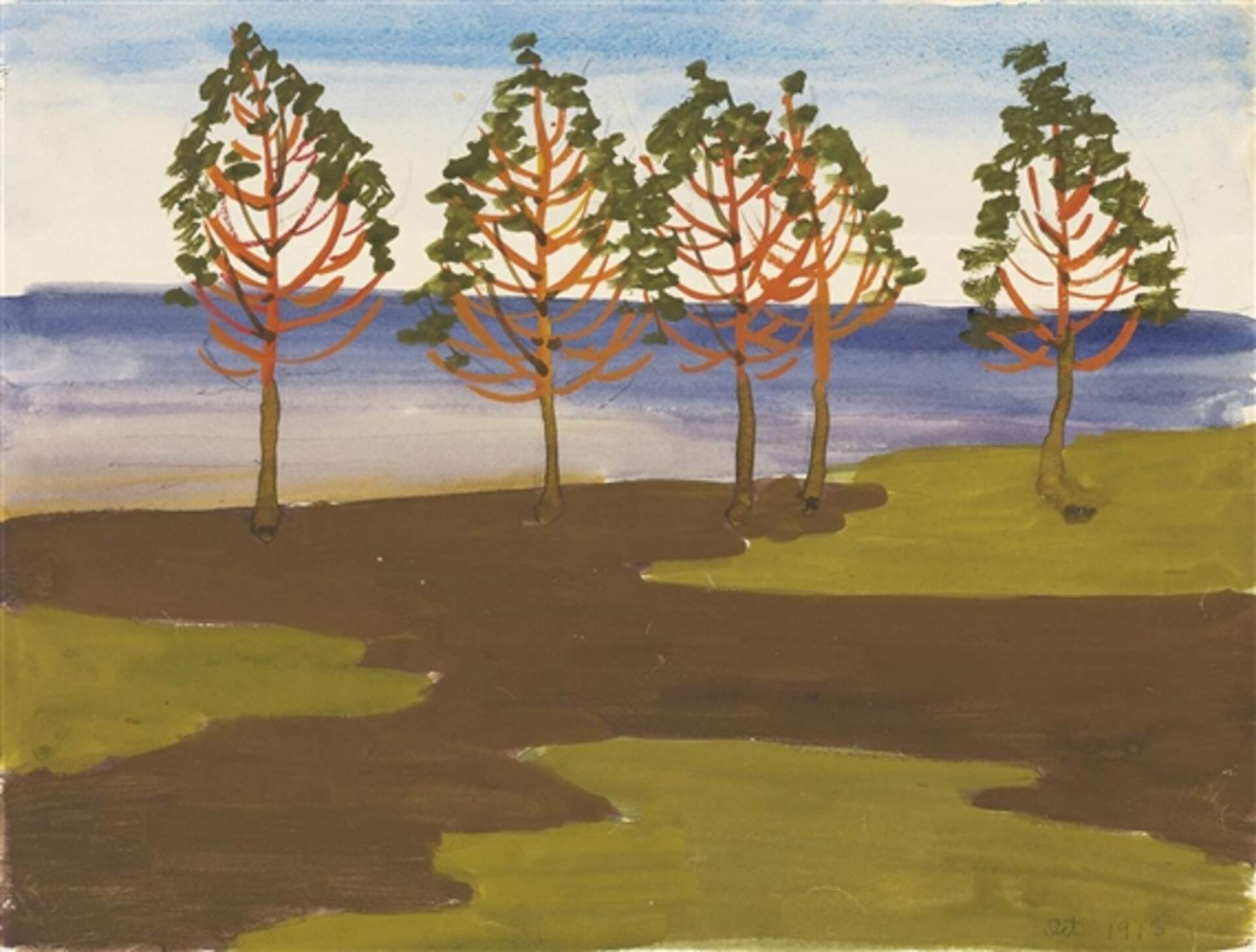 Red Trees Against the Lake