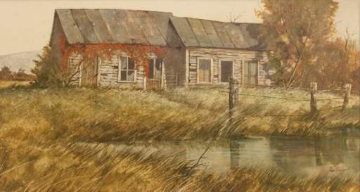 Title unknown [country landscape with weathered buildings and fence]