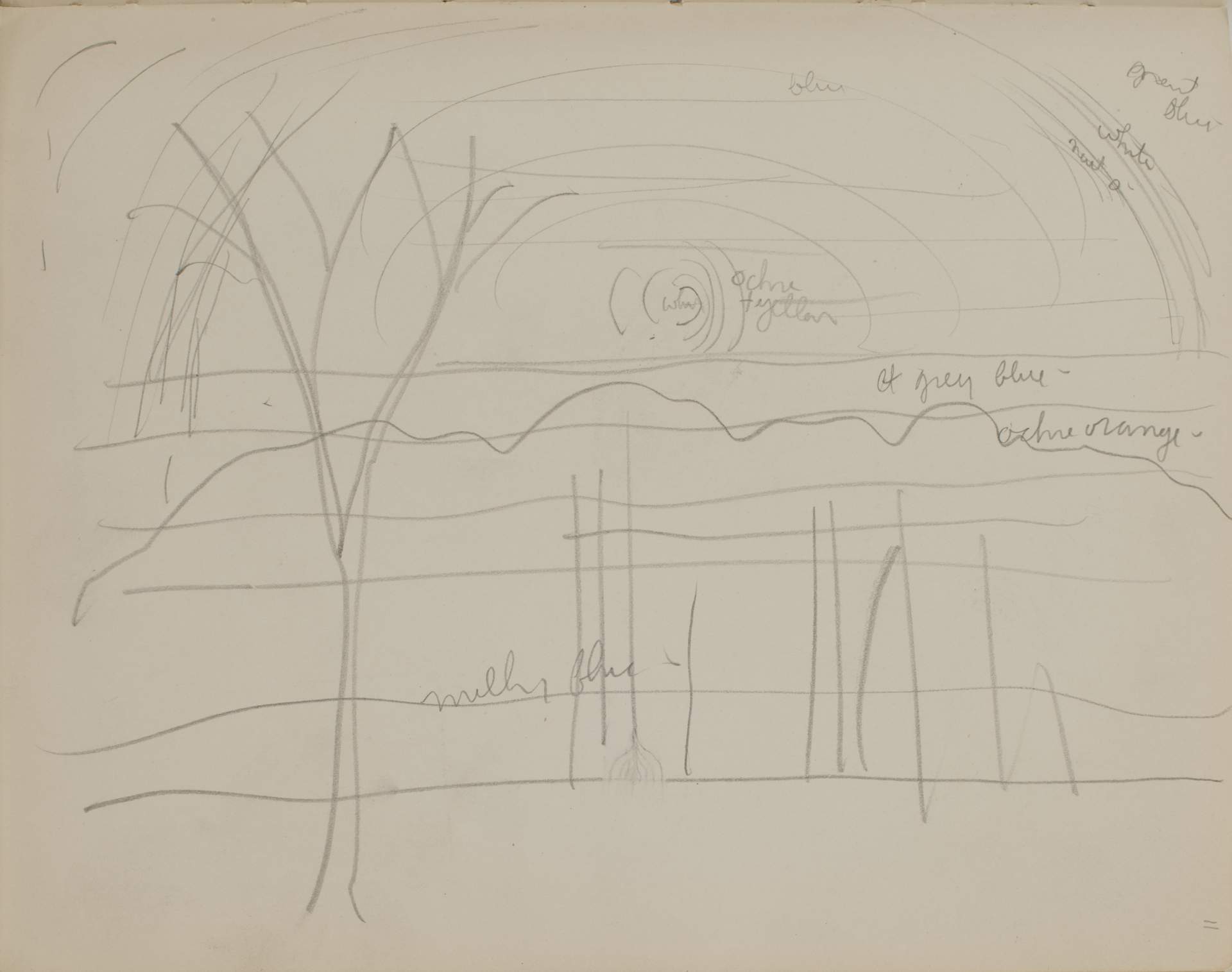 Untitled (sketch of landscape with tree and sun)