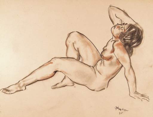 Seated Female Nude on Floor, Right Hand to Head
